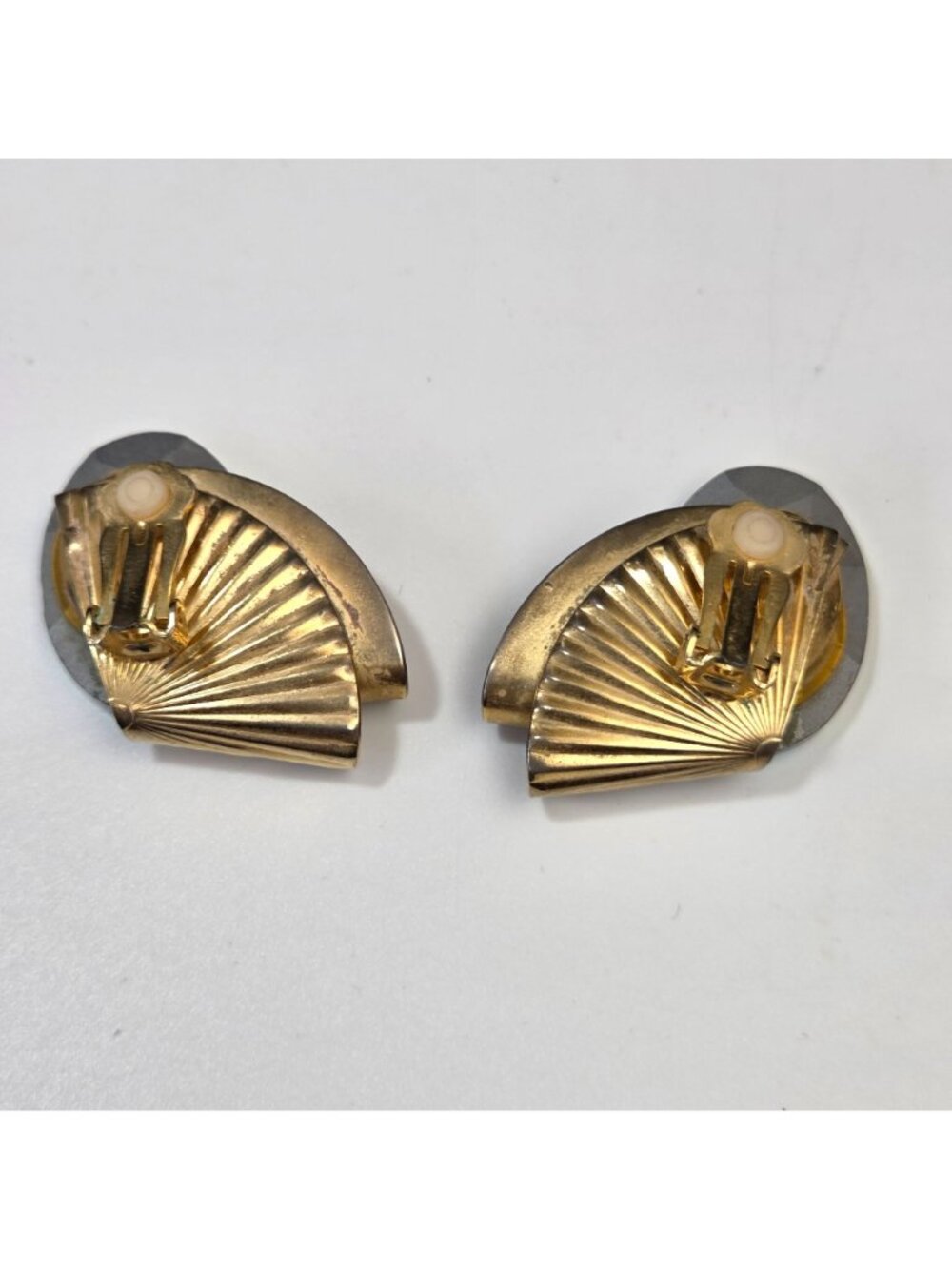 Vintage Gold Tone Clip-On Earrings with Large Aurora Borealis Oval Crystals - Picture 3 of 4